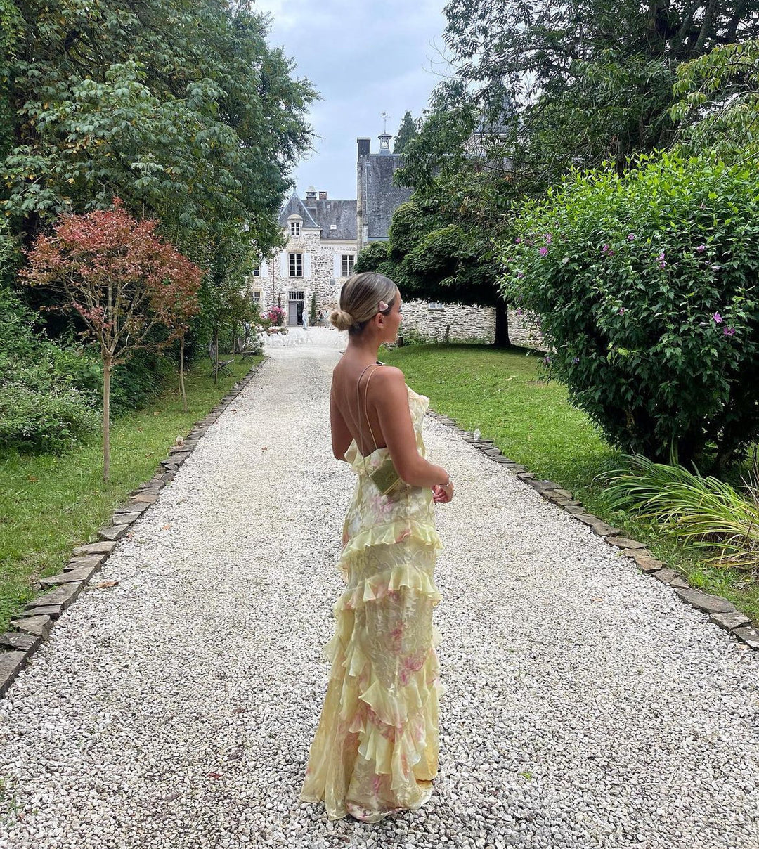 Luna women's floral ruffle open-back maxi dress, pastel hues, delicate ruffles, flowing silhouette, perfect for special occas