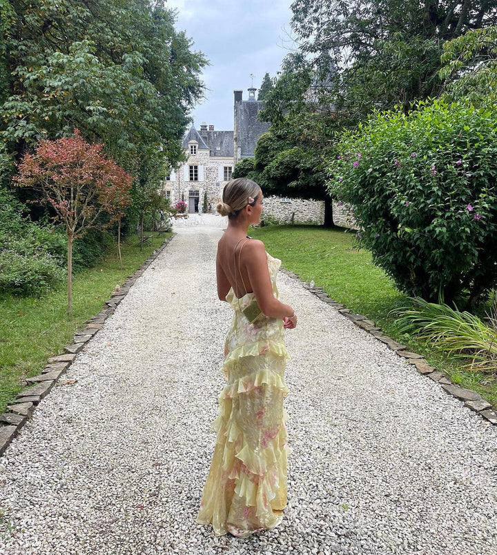 Luna women's floral ruffle open-back maxi dress, pastel hues, delicate ruffles, flowing silhouette, perfect for special occas