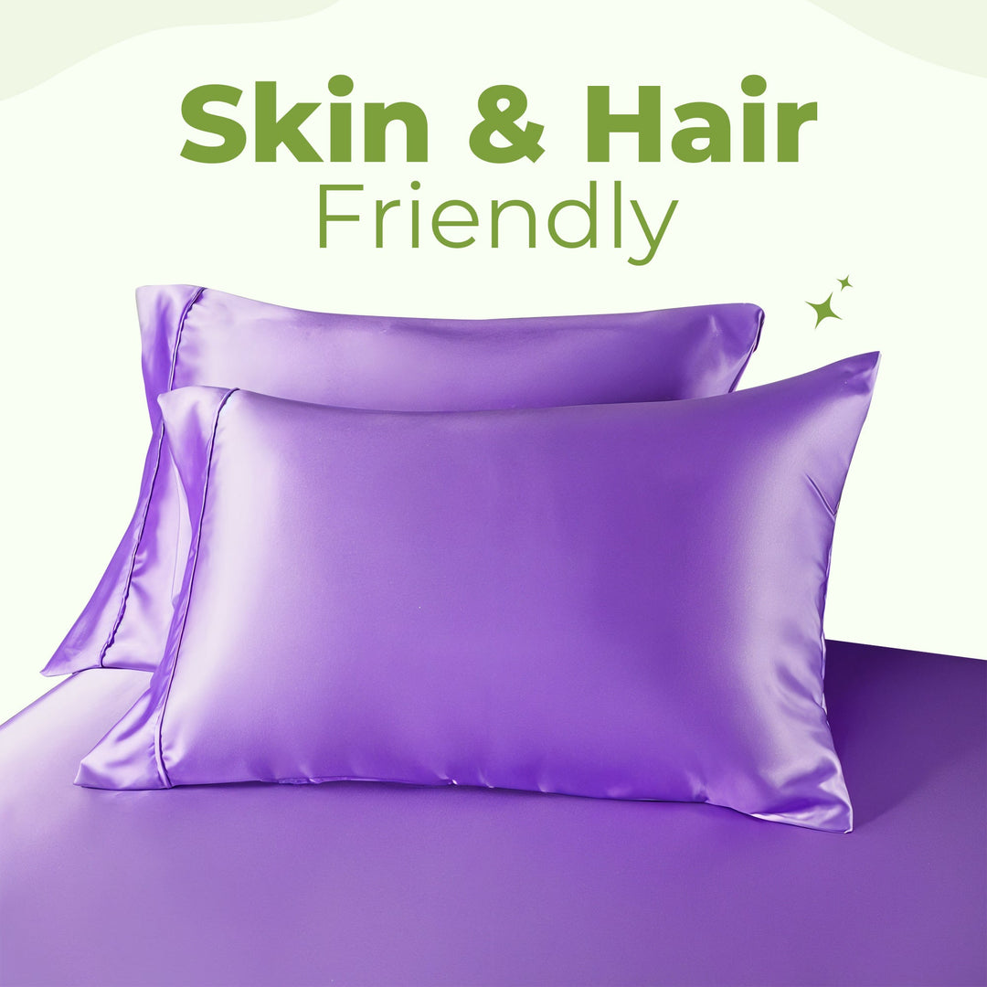 "Luxurious full size satin sheets with deep pockets, silky sheen in elegant colors, draped beautifully on a bed."