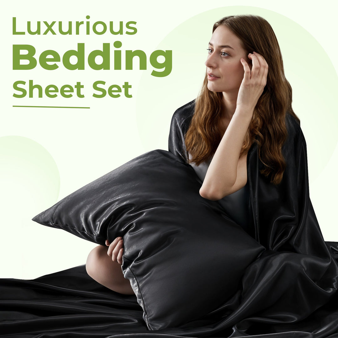 "Luxurious full size satin sheets with deep pockets, silky sheen in elegant colors, draped beautifully on a bed."