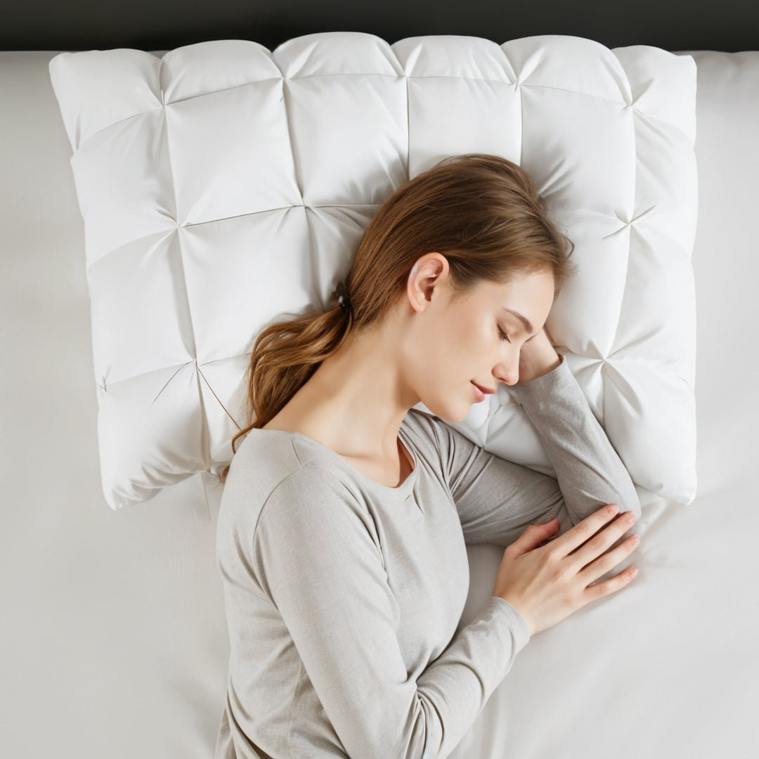 "Luxurious white goose down pillow, visually fluffy with silk cover, offering ultimate sleep comfort and support."