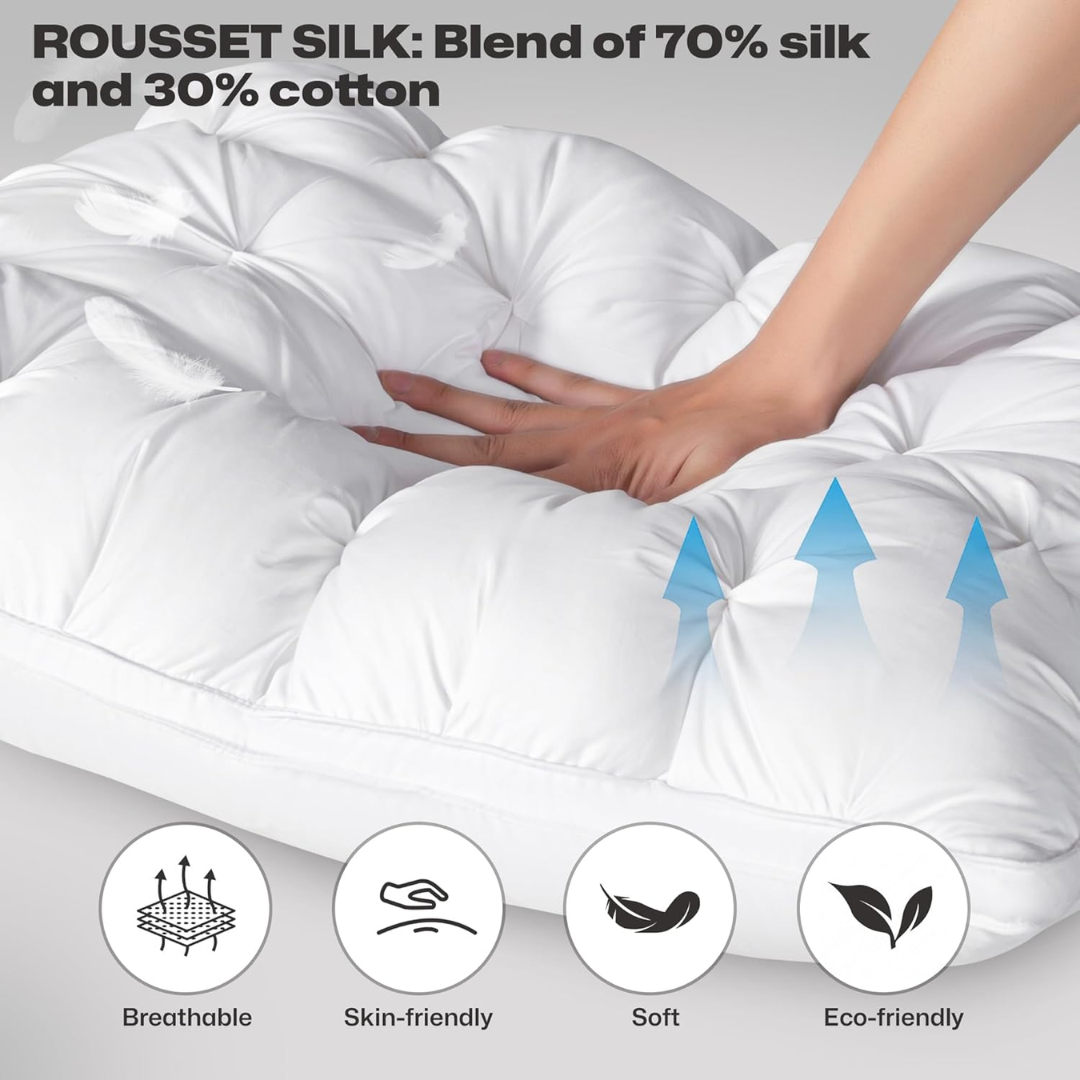 "Luxurious white goose down pillow, visually fluffy with silk cover, offering ultimate sleep comfort and support."