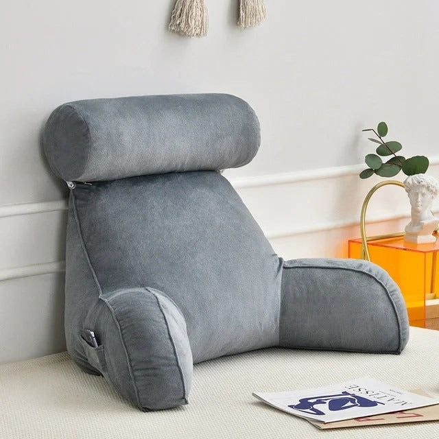 "Luxury backrest pillow with adjustable headrest and velour cover for neck and back support, ideal for bed or sofa lounging."