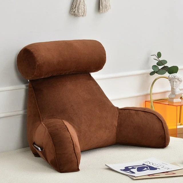 "Luxury backrest pillow with adjustable headrest and velour cover for neck and back support, ideal for bed or sofa lounging."