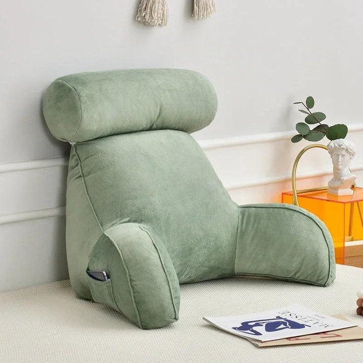 "Luxury backrest pillow with adjustable headrest and velour cover for neck and back support, ideal for bed or sofa lounging."