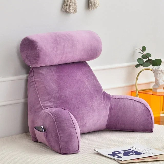 "Luxury backrest pillow with adjustable headrest and velour cover for neck and back support, ideal for bed or sofa lounging."