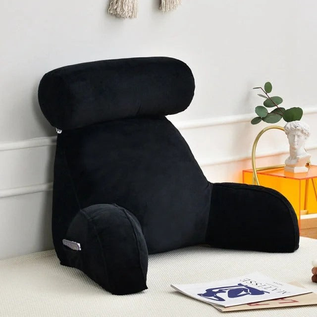 "Luxury backrest pillow with adjustable headrest and velour cover for neck and back support, ideal for bed or sofa lounging."