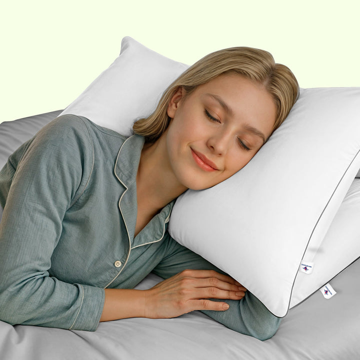 "Luxury bed pillow with cooling down alternative and feathers, plush white texture for ultimate comfort and support."