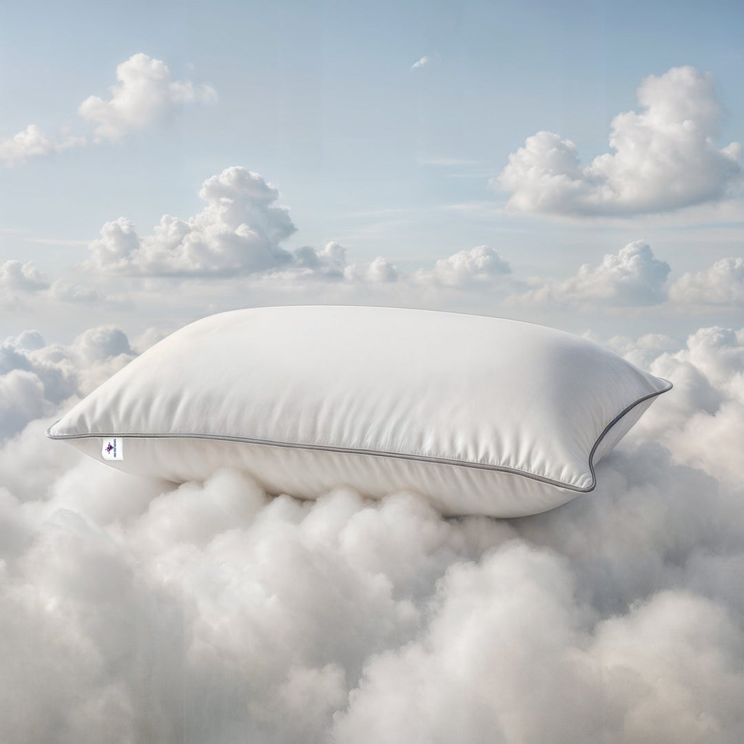 "Luxury bed pillow with cooling down alternative and feathers, plush white texture for ultimate comfort and support."