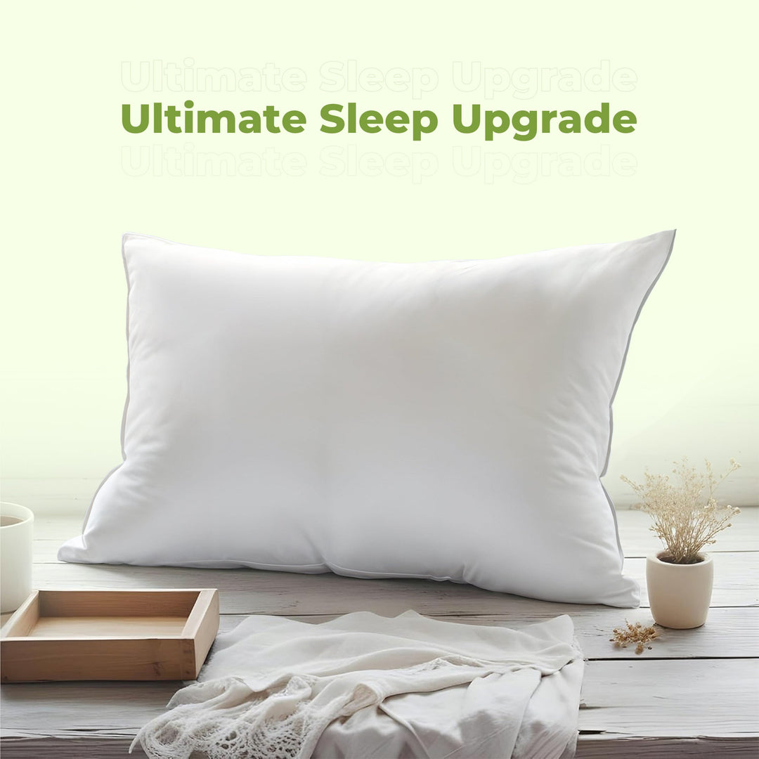 "Luxury bed pillow with cooling down alternative and feathers, plush white texture for ultimate comfort and support."