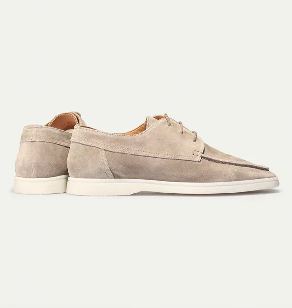 Luxury men's leather lace-up loafers in beige, sleek design, perfect for formal or casual occasions. Elegant and comfortable.