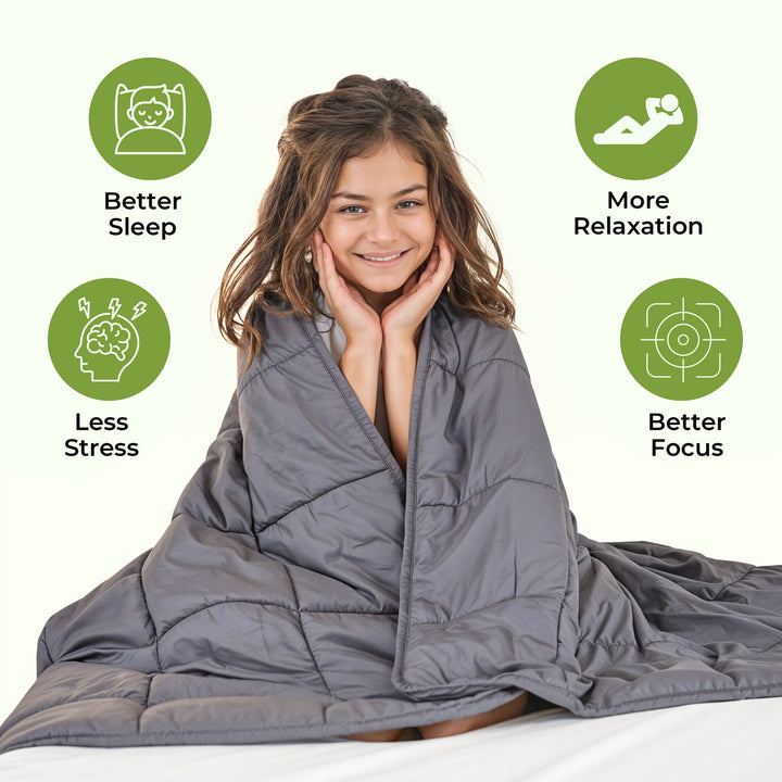 "Luxury weighted blanket with soft texture in blue and grey, designed for relaxation and enhancing sleep quality."
