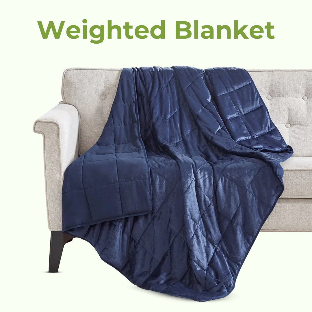 "Luxury weighted blanket with soft texture in blue and grey, designed for relaxation and enhancing sleep quality."