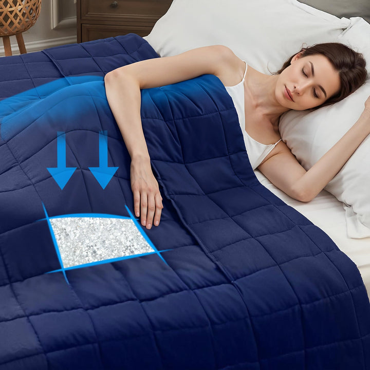 "Luxury weighted blanket with soft texture in blue and grey, designed for relaxation and enhancing sleep quality."