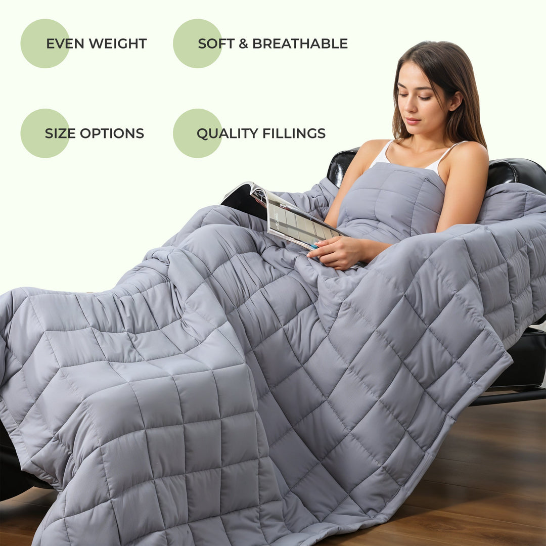 "Luxury weighted blanket with soft texture in blue and grey, designed for relaxation and enhancing sleep quality."
