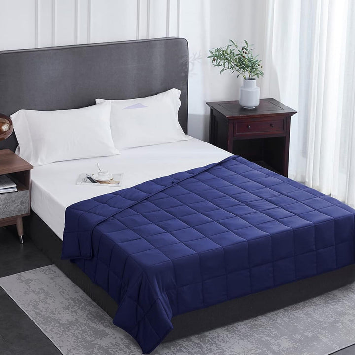 "Luxury weighted blanket with soft texture in blue and grey, designed for relaxation and enhancing sleep quality."