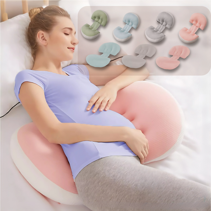 "Maternity Butterfly Pillow in soft blue and white, dual wings for belly and back support, promotes optimal side sleeping."