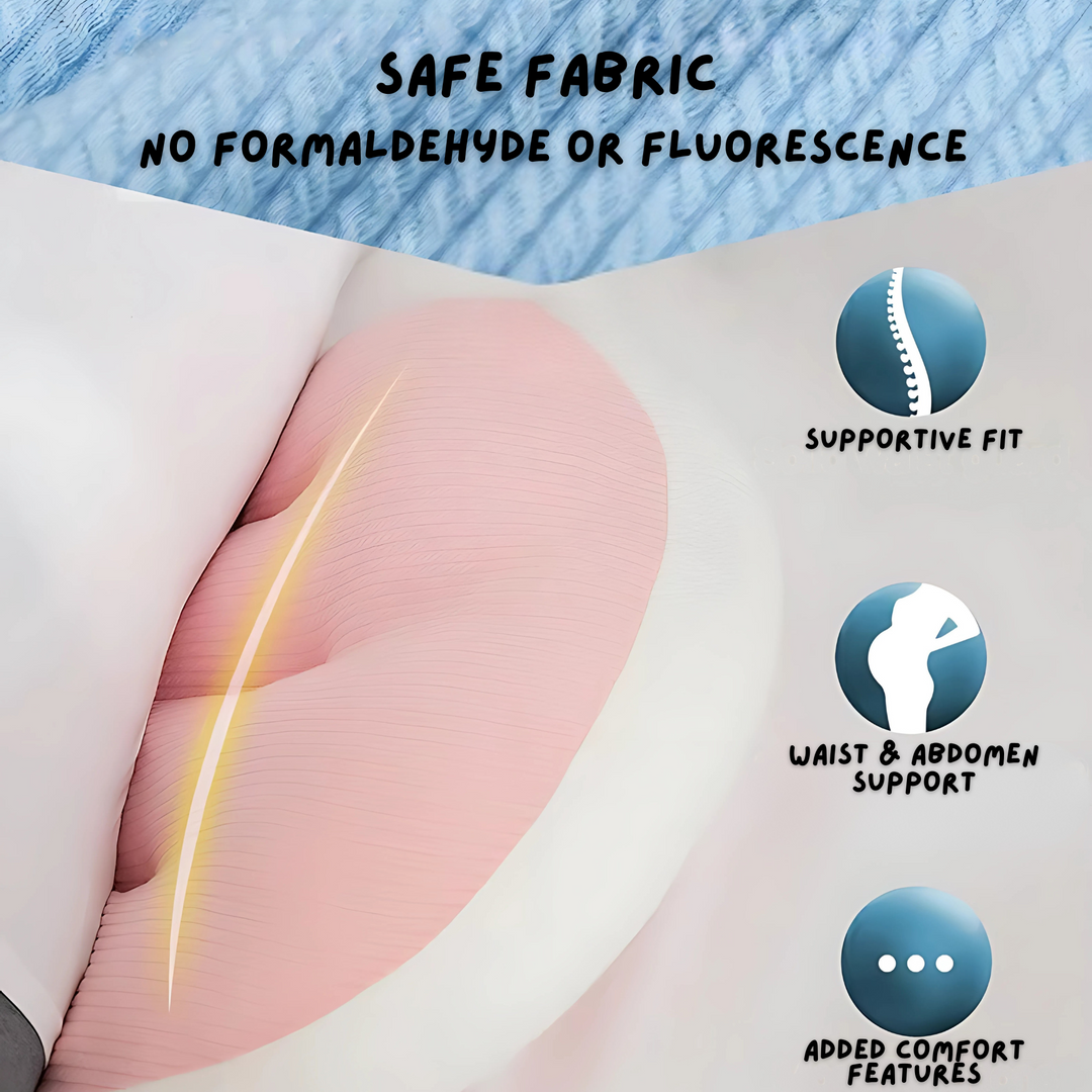 "Maternity Butterfly Pillow in soft blue and white, dual wings for belly and back support, promotes optimal side sleeping."