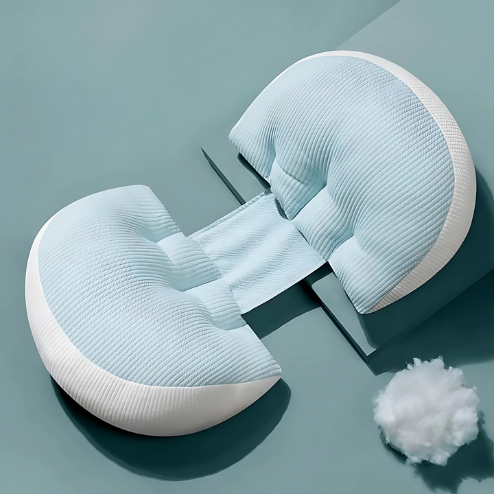 "Maternity Butterfly Pillow in soft blue and white, dual wings for belly and back support, promotes optimal side sleeping."