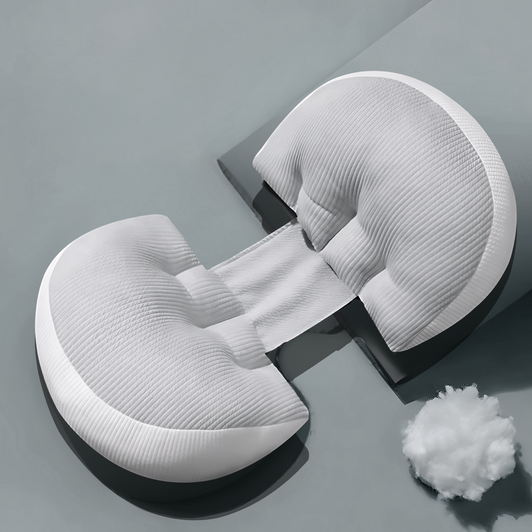 "Maternity Butterfly Pillow in soft blue and white, dual wings for belly and back support, promotes optimal side sleeping."