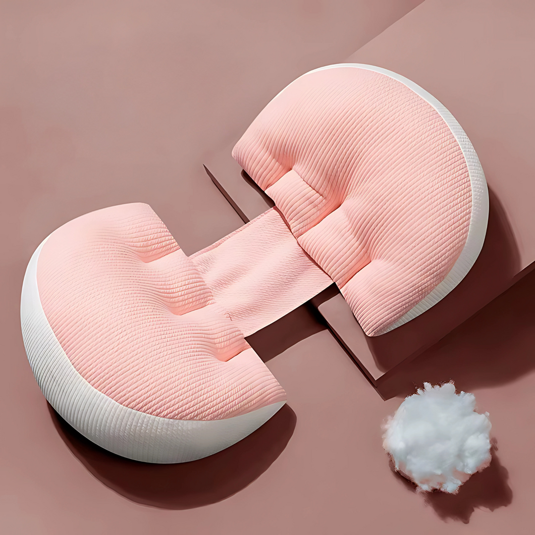 "Maternity Butterfly Pillow in soft blue and white, dual wings for belly and back support, promotes optimal side sleeping."