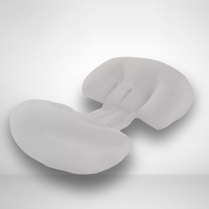 "Maternity Butterfly Pillow in soft blue and white, dual wings for belly and back support, promotes optimal side sleeping."