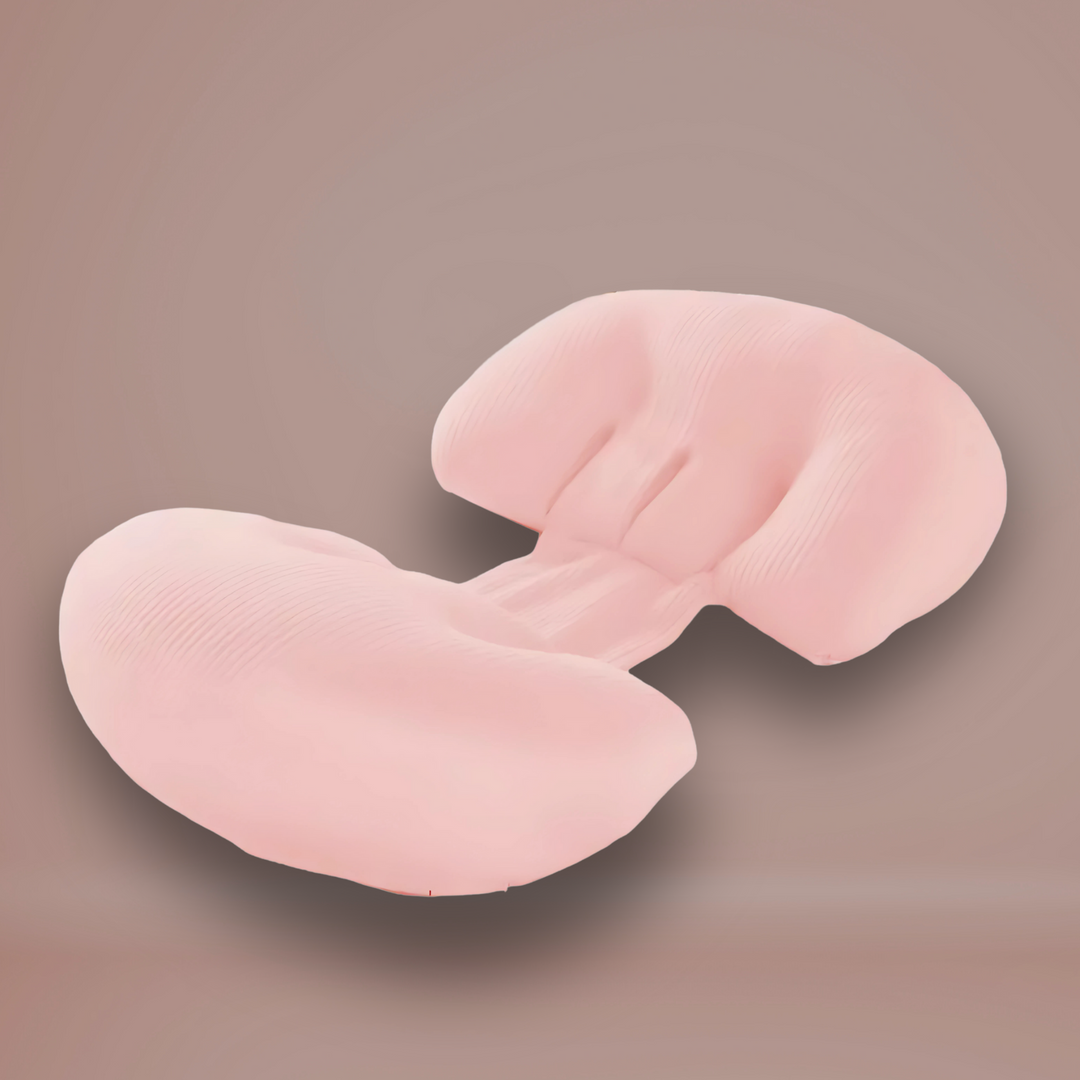 "Maternity Butterfly Pillow in soft blue and white, dual wings for belly and back support, promotes optimal side sleeping."