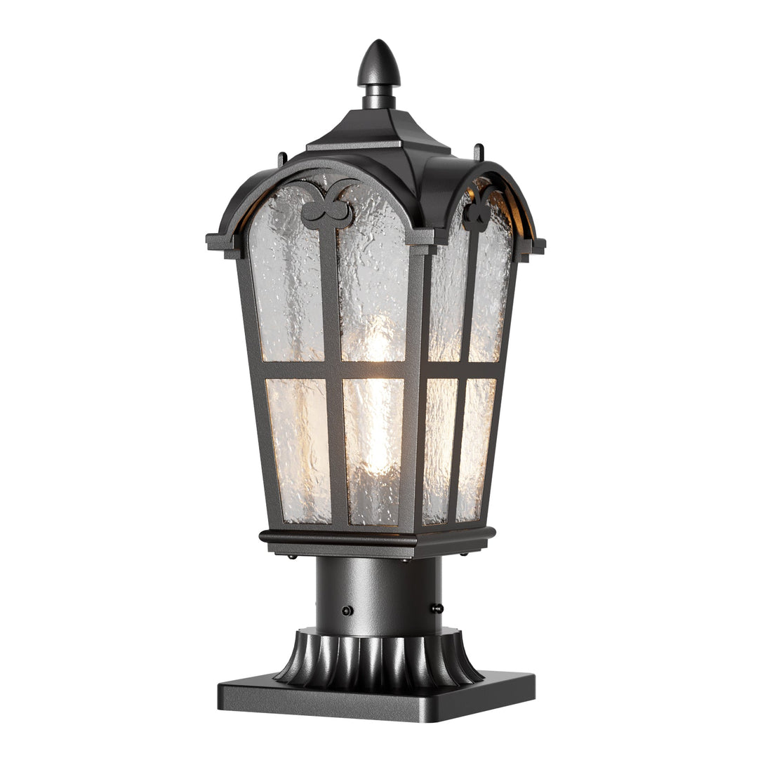 Matt black outdoor post light with clear glass shade, elegant design, perfect for gardens, pathways, or entryways.
