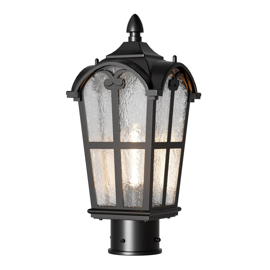 Matt black outdoor post light with clear glass shade, elegant design, perfect for gardens, pathways, or entryways.