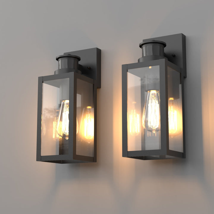 "Matte black outdoor wall light with motion sensor, IP44 weatherproof, sleek modern design, 2-pack for home security."