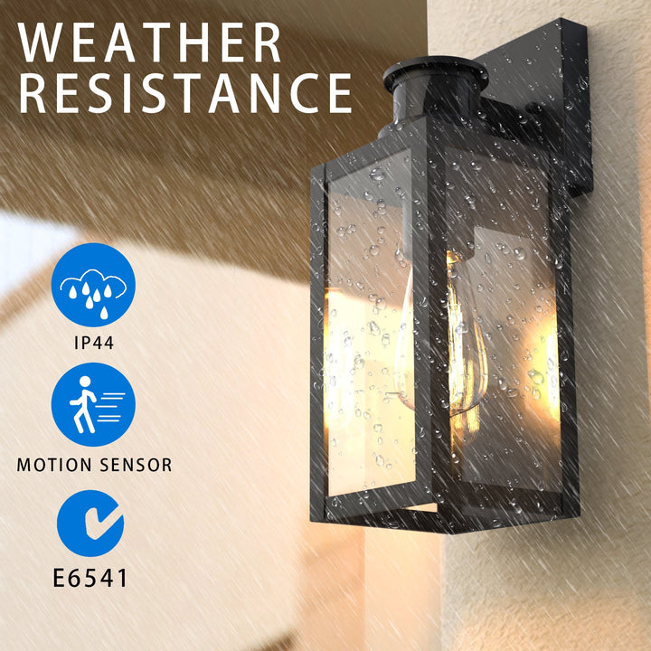 "Matte black outdoor wall light with motion sensor, IP44 weatherproof, sleek modern design, 2-pack for home security."