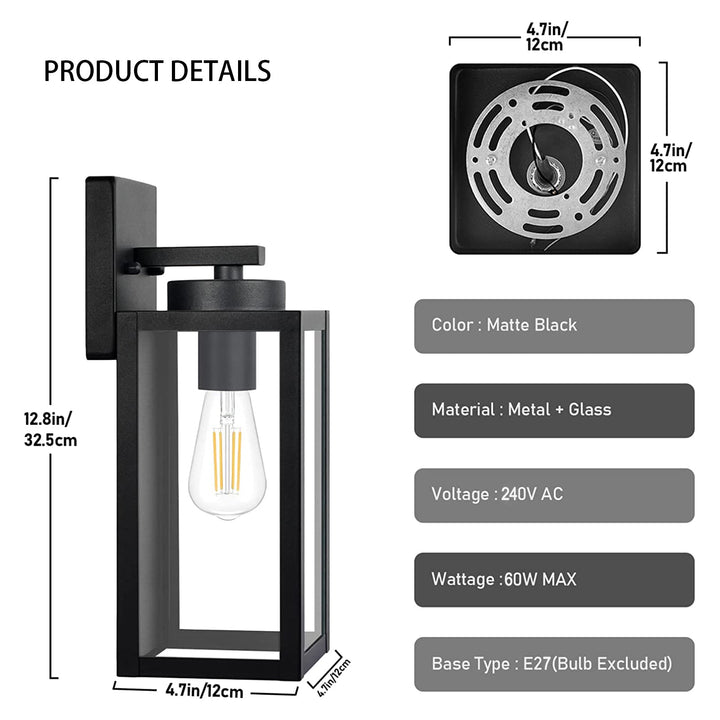 "Matte black outdoor wall light with motion sensor, IP44 weatherproof, sleek modern design, 2-pack for home security."
