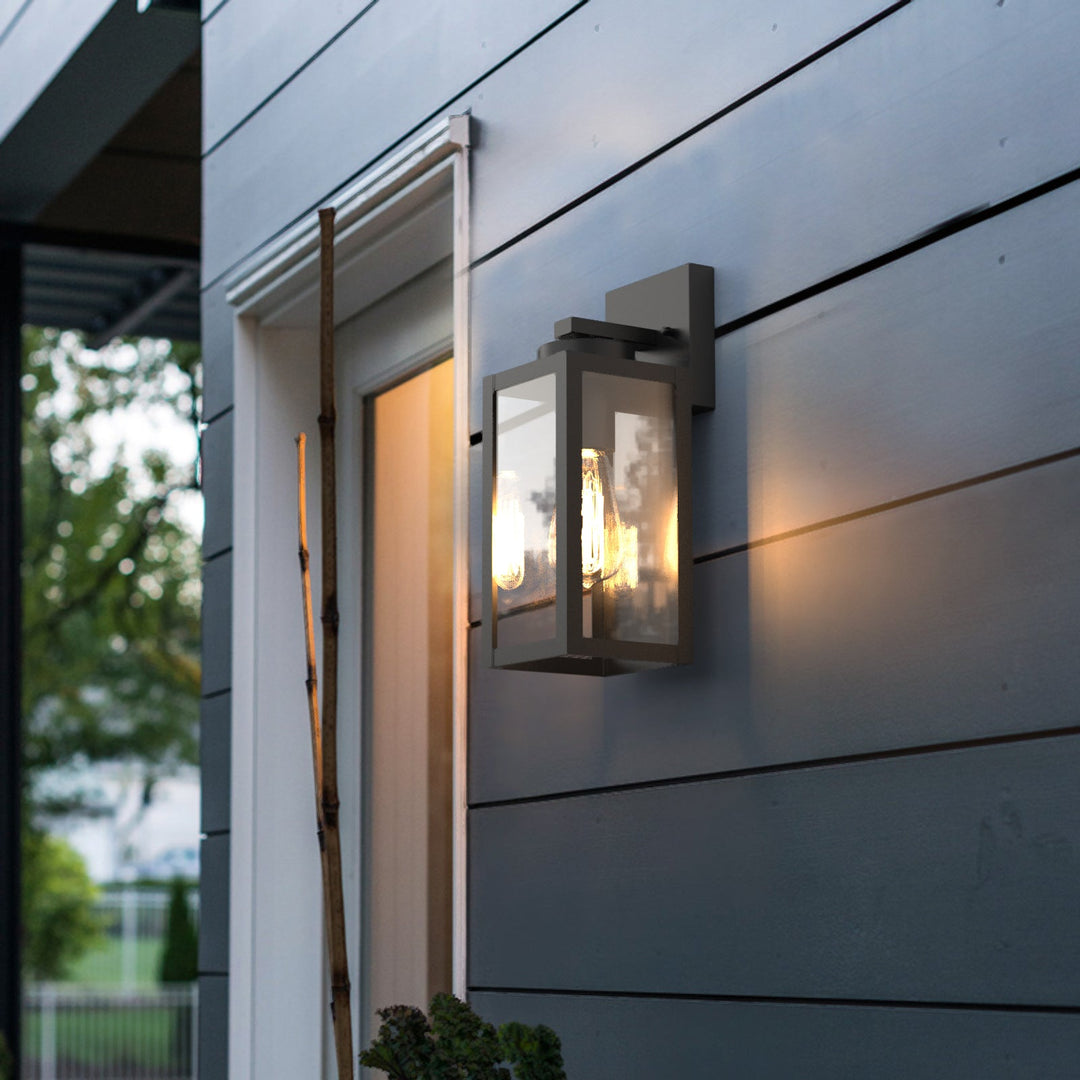 "Matte black outdoor wall light with motion sensor, IP44 weatherproof, sleek modern design, 2-pack for home security."