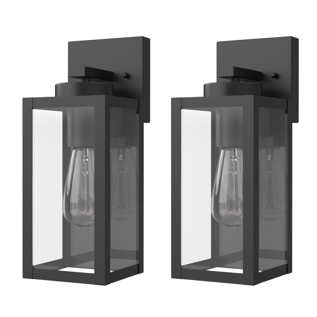 "Matte black outdoor wall light with motion sensor, IP44 weatherproof, sleek modern design, 2-pack for home security."