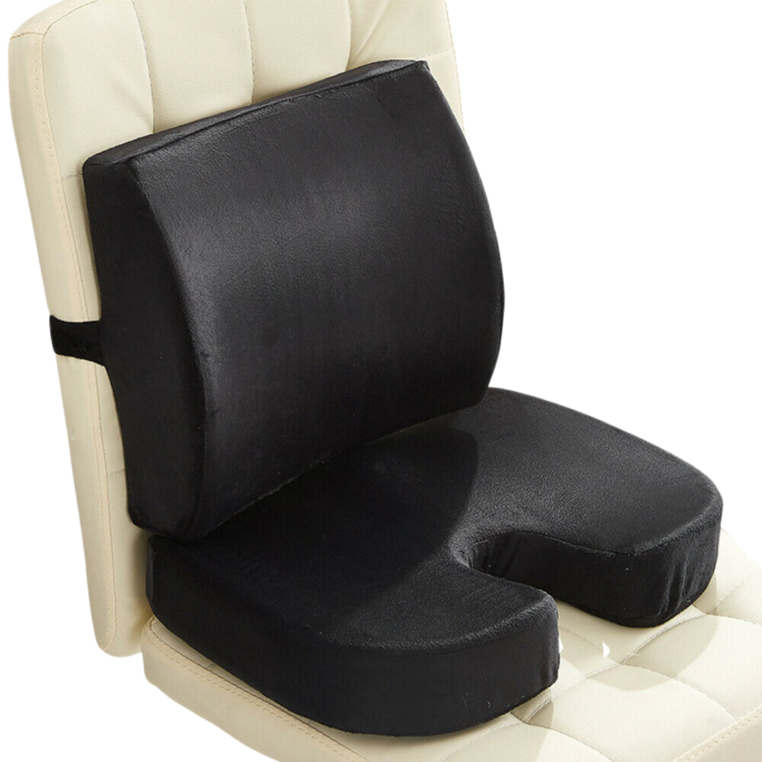 Memory Foam Back & Seat Cushion Set with ergonomic design, gel layer; ideal for office chairs, car seats, relieves pain.
