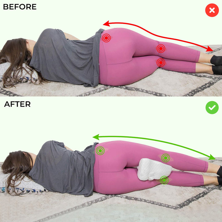 "Memory foam leg and knee support pillow in grey, pink, and white for pain relief, shown in various color options."