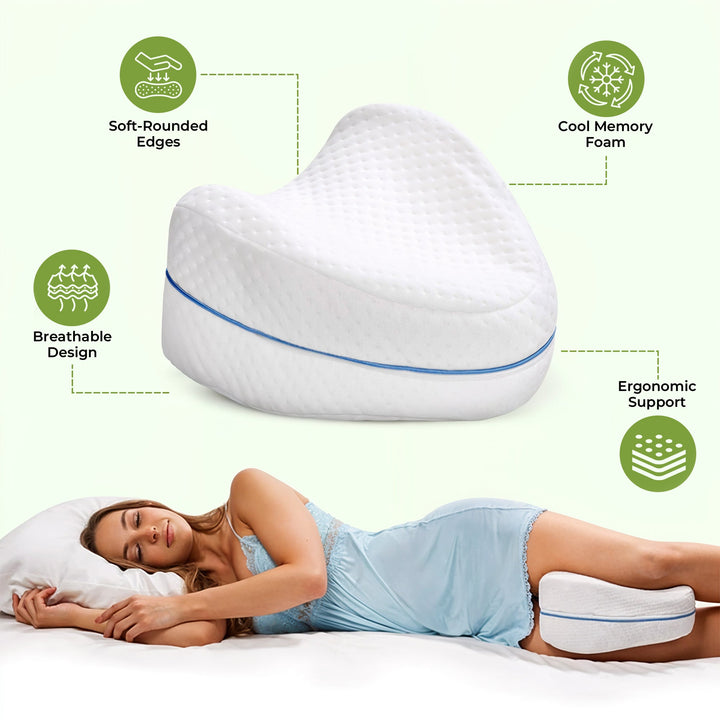 "Memory foam leg and knee support pillow in grey, pink, and white for pain relief, shown in various color options."