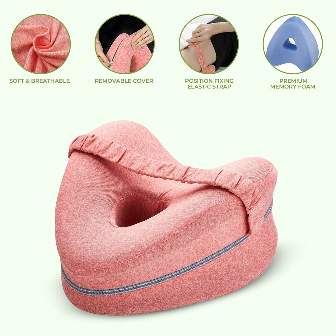 "Memory foam leg and knee support pillow in grey, pink, and white for pain relief, shown in various color options."