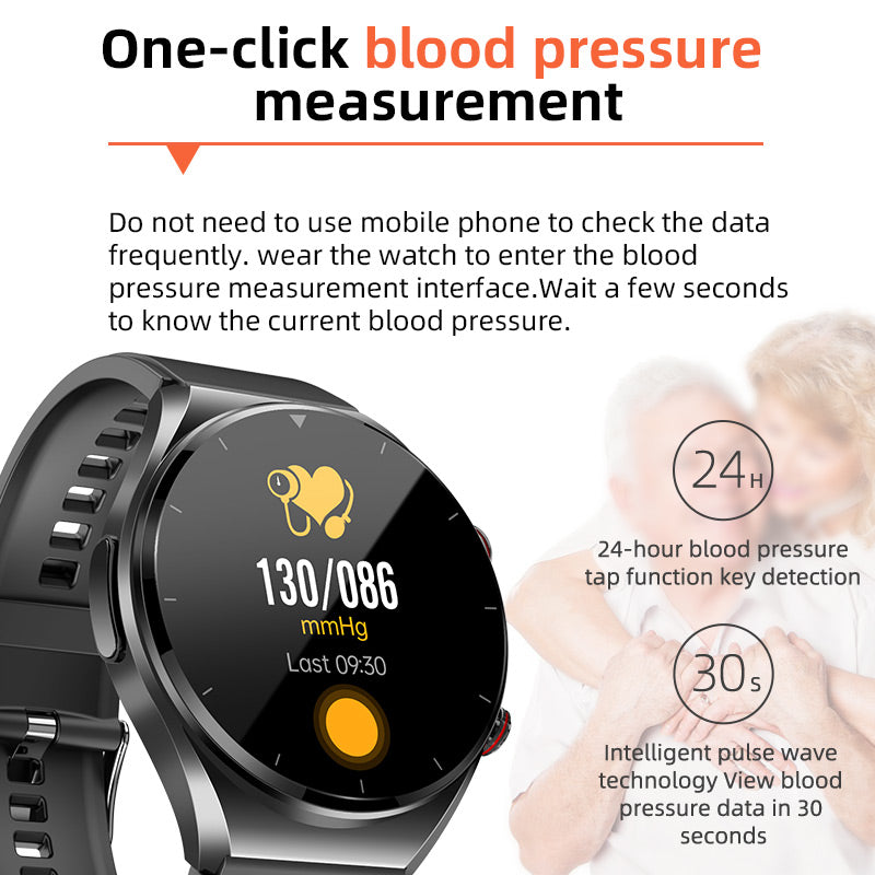 Men's HealthGuard Pro ECG HRV Smart Watch in sleek black, featuring a large round touchscreen and health monitoring sensors.