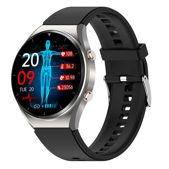 Men's HealthGuard Pro ECG HRV Smart Watch in sleek black, featuring a large round touchscreen and health monitoring sensors.