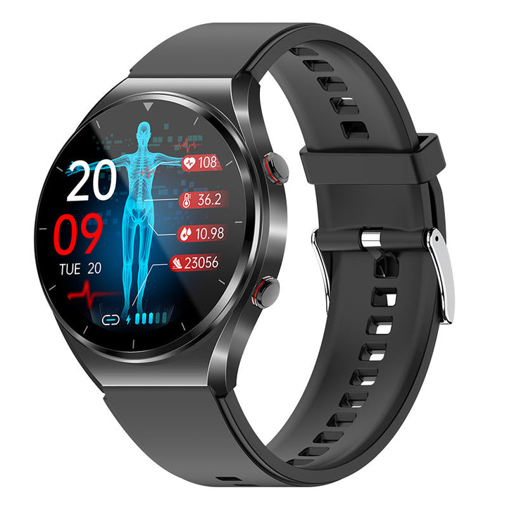 Men's HealthGuard Pro ECG HRV Smart Watch in sleek black, featuring a large round touchscreen and health monitoring sensors.