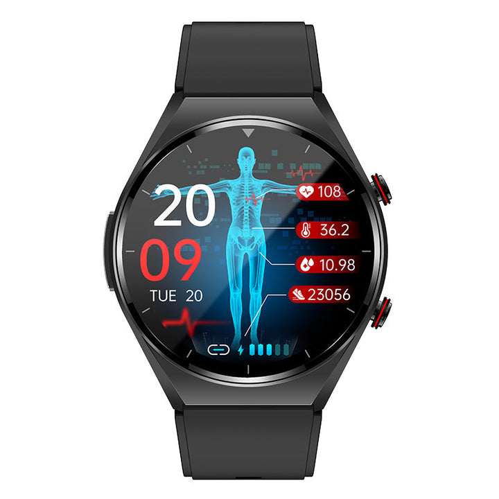 Men's HealthGuard Pro ECG HRV Smart Watch in sleek black, featuring a large round touchscreen and health monitoring sensors.