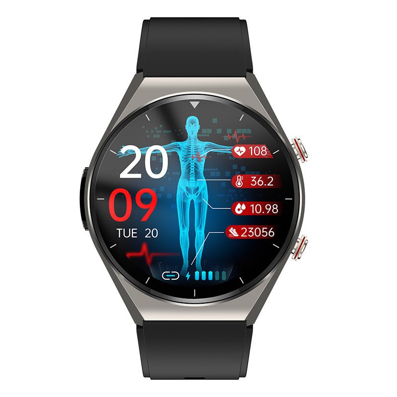 Men's HealthGuard Pro ECG HRV Smart Watch in sleek black, featuring a large round touchscreen and health monitoring sensors.