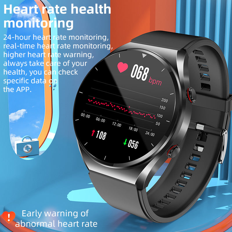Men's HealthGuard Pro ECG HRV Smart Watch in sleek black, featuring a large round touchscreen and health monitoring sensors.