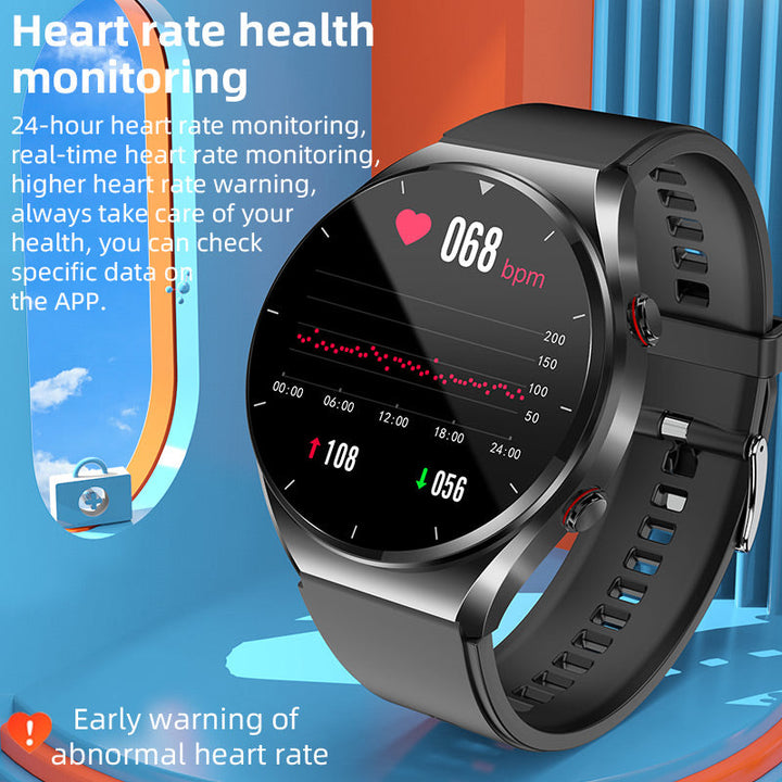 Men's HealthGuard Pro ECG HRV Smart Watch in sleek black, featuring a large round touchscreen and health monitoring sensors.