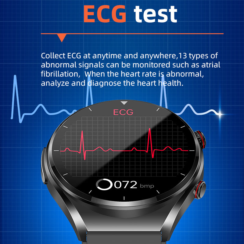 Men's HealthGuard Pro ECG HRV Smart Watch in sleek black, featuring a large round touchscreen and health monitoring sensors.