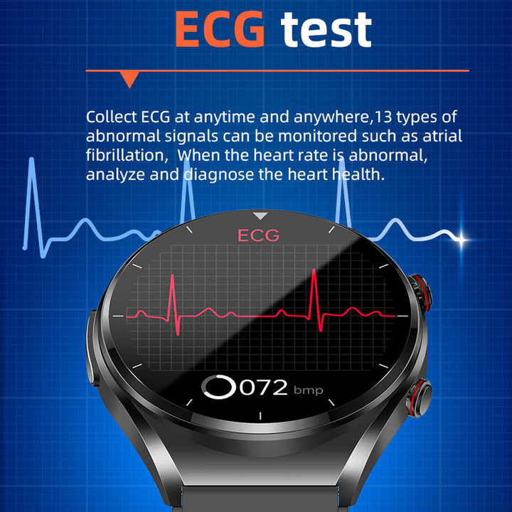 Men's HealthGuard Pro ECG HRV Smart Watch in sleek black, featuring a large round touchscreen and health monitoring sensors.