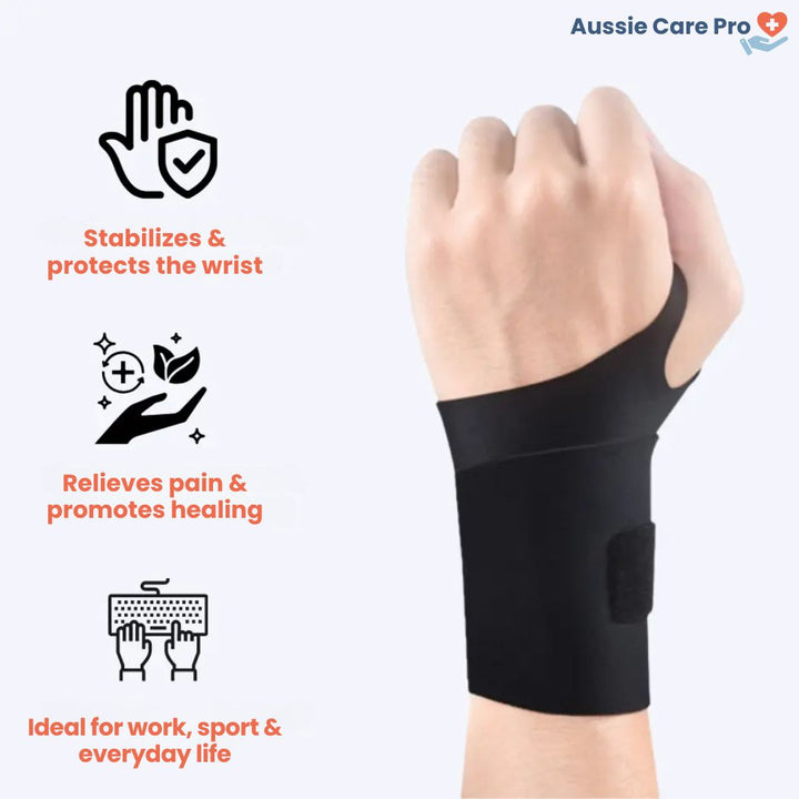 "Men's adjustable wrist support brace, black breathable fabric, sleek design, for pain relief, carpal tunnel and strain."