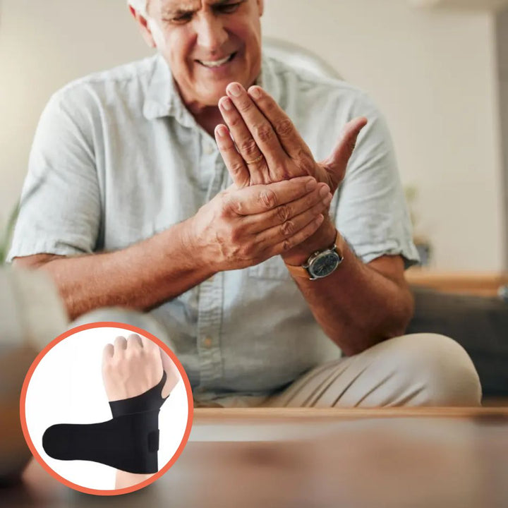 "Men's adjustable wrist support brace, black breathable fabric, sleek design, for pain relief, carpal tunnel and strain."