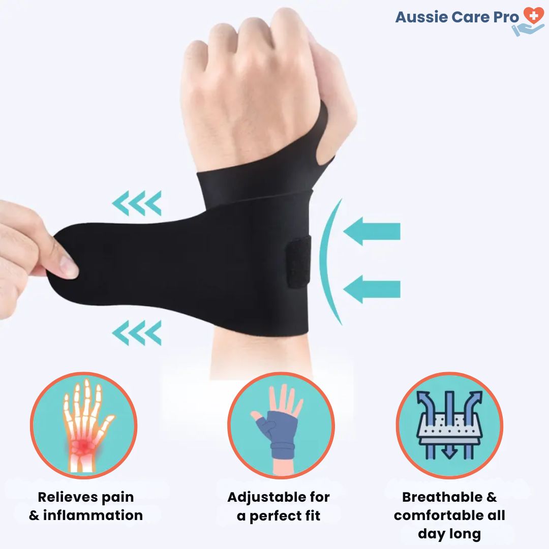 "Men's adjustable wrist support brace, black breathable fabric, sleek design, for pain relief, carpal tunnel and strain."